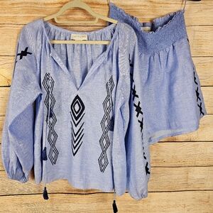 Sachin Babi Blue Linen Embroidered Shirt and Short Set Size Medium